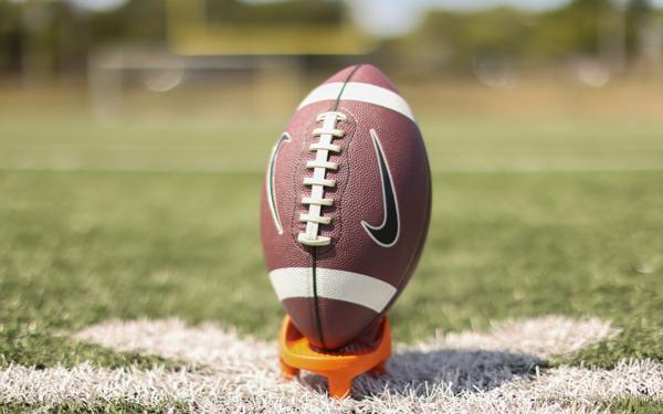 Brown and white football sitting in orange stand, on green field 