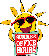 A sun wearing sunglasses and holding a sign that says "Summer Office Hours"