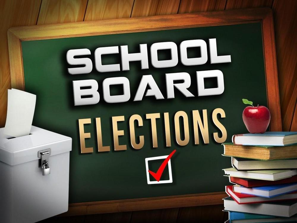 School board elections text, on blackboard, with ballot on left and stack of books on right